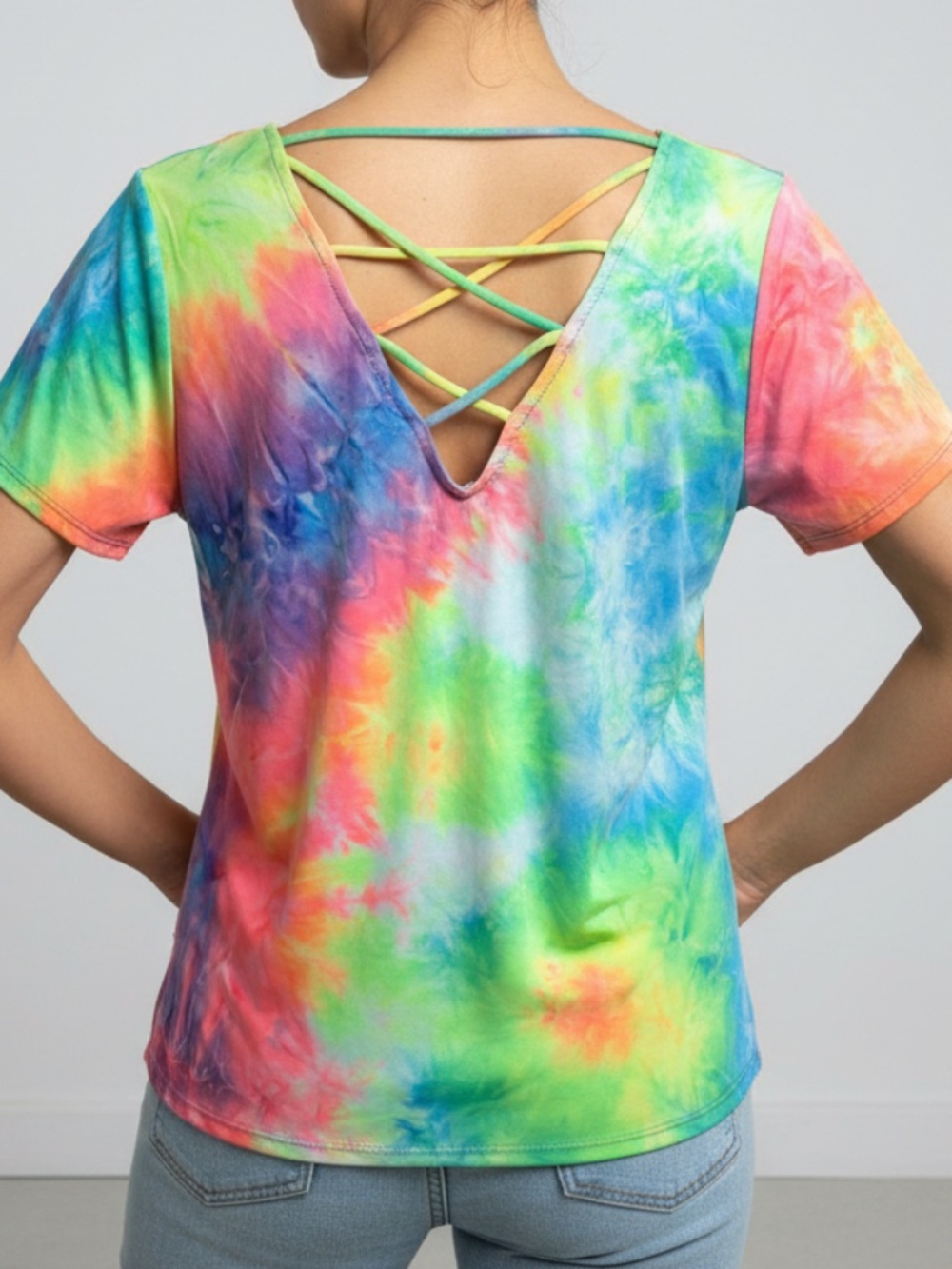 CY Fashion Multicolor Tie Dye Crisscross Back Top | Open Back High-Low Tee - NWO